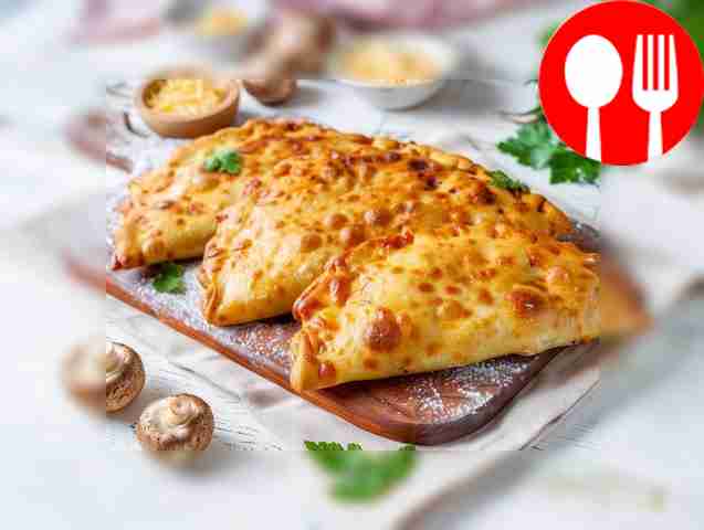 Homemade chebureks with juicy mushroom and cheese filling