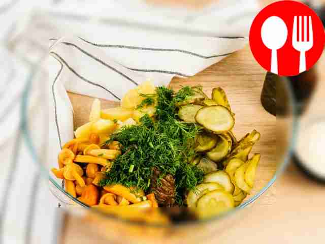 Place the prepared meat, pickled mushrooms,...