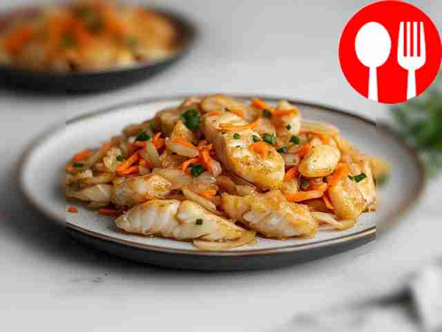 Stewed pike on a bed of vegetables