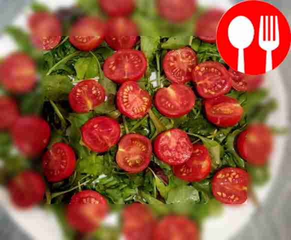 Cut the cherry into two halves, chop the onion...