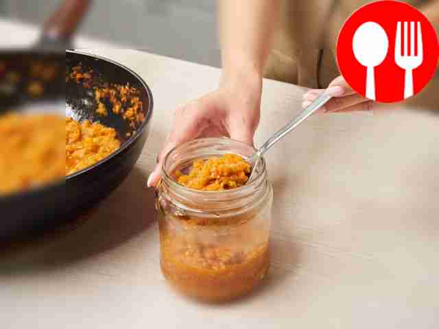 Pour the caviar into a jar. Pour hot caviar...