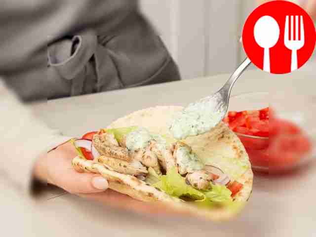 Assemble the gyros. Fry the pitas in a dry...