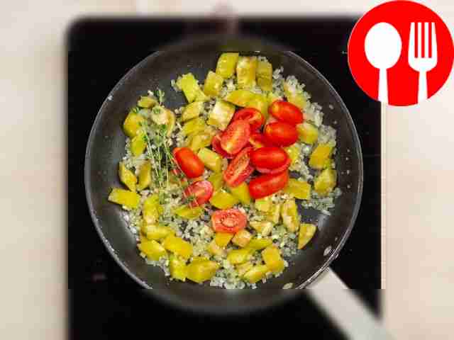 Prepare roasted vegetables. Fry the onion in...