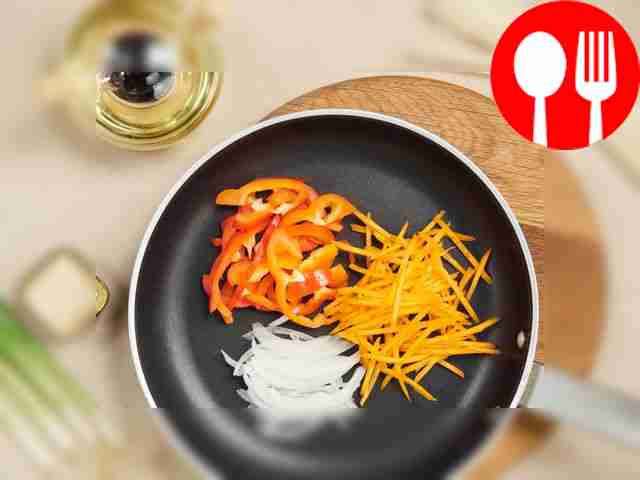 Prepare the vegetables. Place the frying pan...