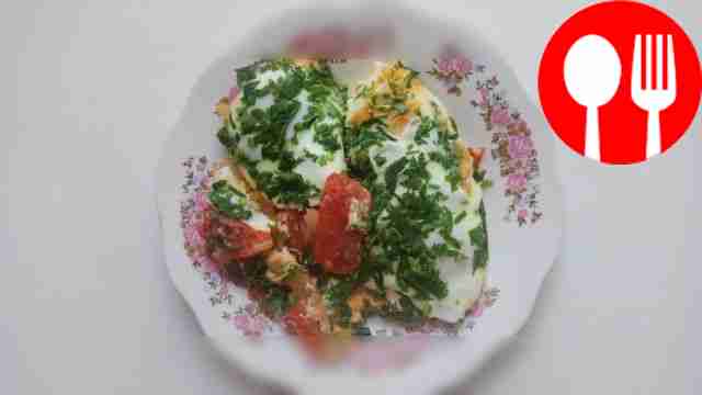 Serve scrambled eggs in portions, garnished...