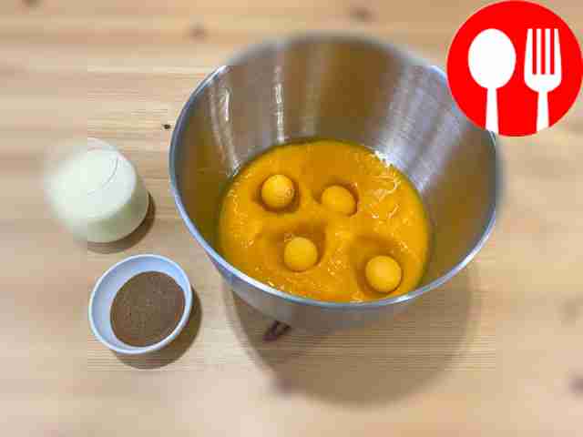 Mix pumpkin puree, 4 eggs, 350 ml condensed...