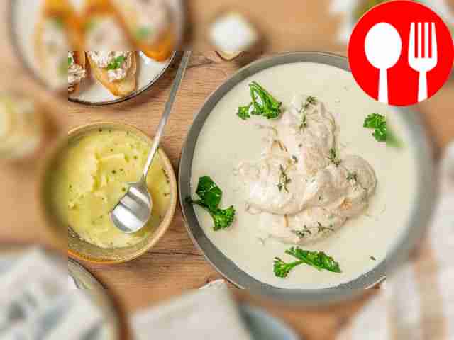 Place mashed potatoes on serving plates, pour...