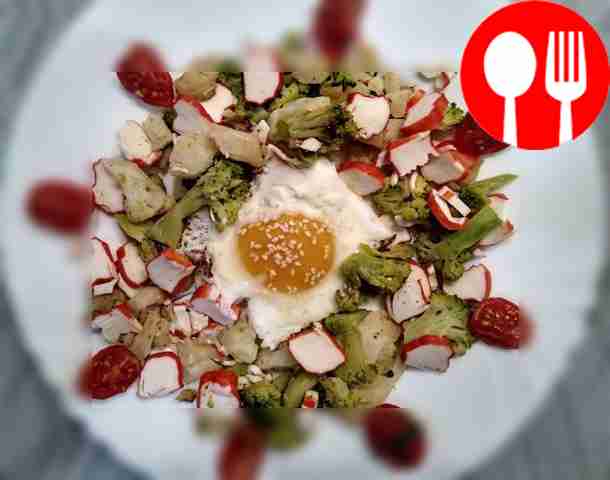 Fried egg with crab sticks