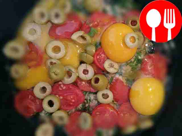 Cut the tomatoes and olives into pieces. Take...