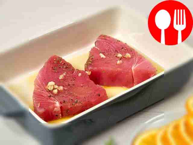 Prepare tuna with orange. Turn on the oven to...