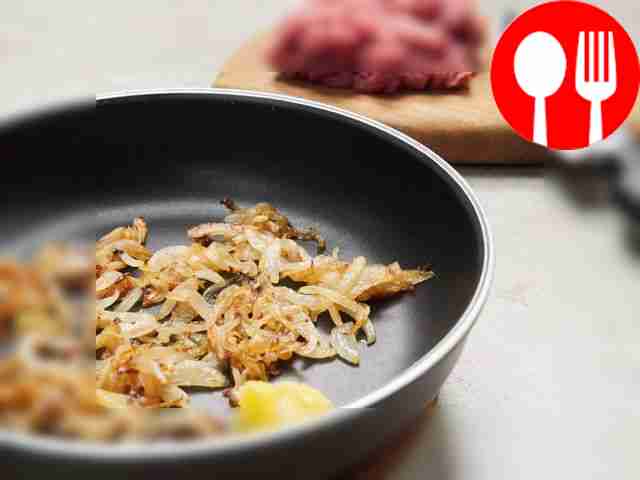 Prepare the onions. Heat a frying pan over...