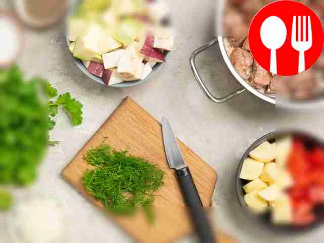 Chop vegetables and herbs. Cut potatoes,...