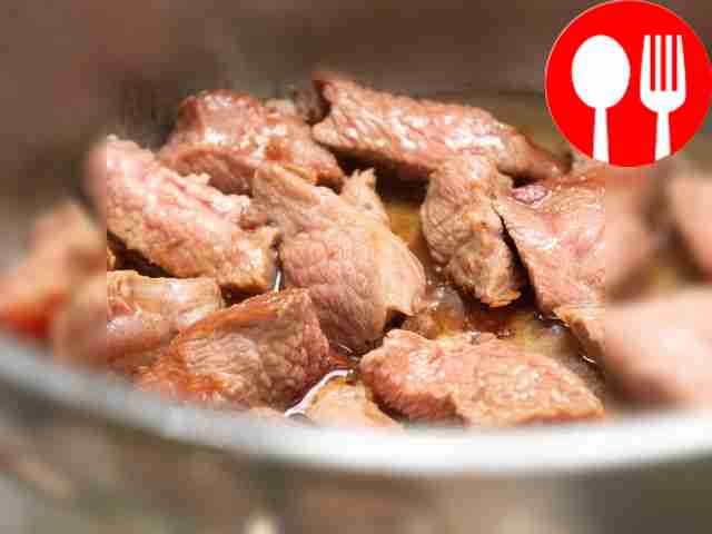 Stew the veal. Cut the meat into cubes across...