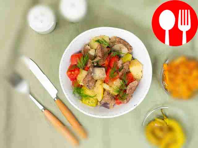 Place the finished vegetable stew with...