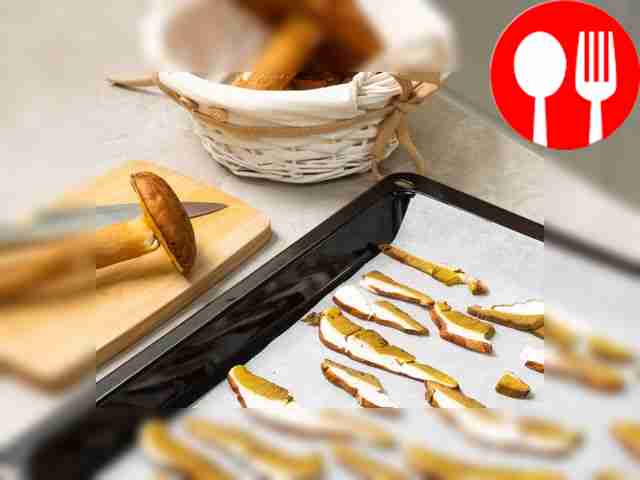 Dry the porcini mushrooms. Cut the peeled...