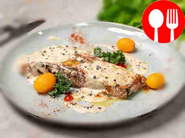 Pink salmon steak in a frying pan