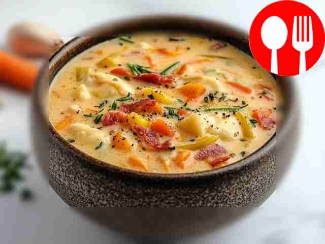 Delicious baked vegetable chowder with bacon