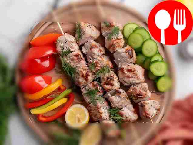 Juicy shish kebab on mineral water