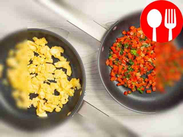 Fry eggs and vegetables. Beat the eggs with a...