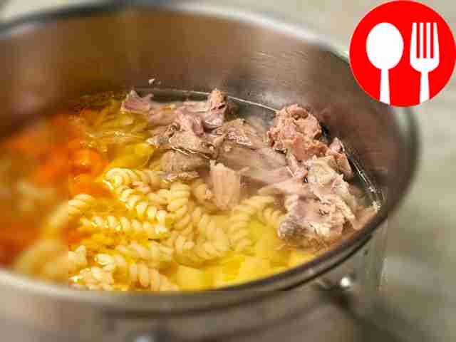 Prepare turkey neck soup. Bring the meat broth...