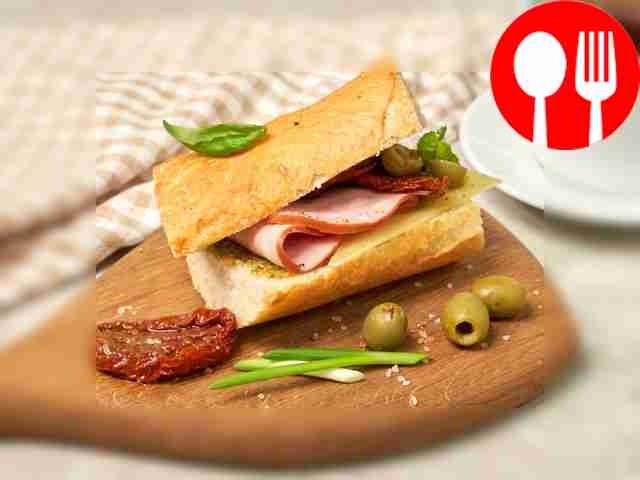 Baguette with mortadella sausage