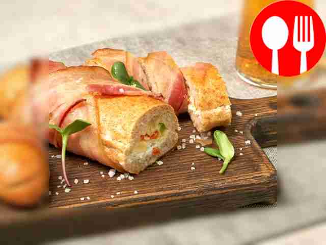 Baguette with raw smoked bacon