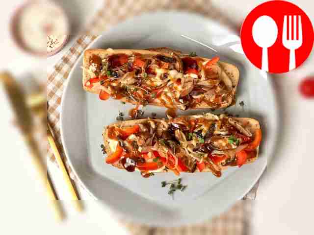 Place the baguette with shiitake mushrooms on...