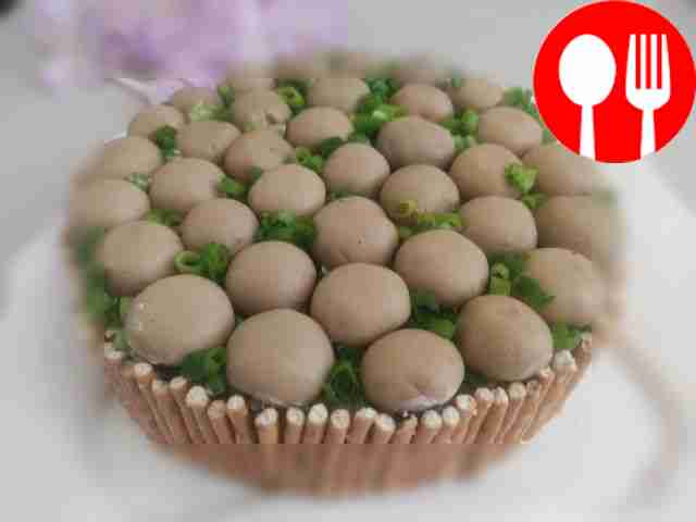 Festive salad with marinated champignons “Mushrooms in the clearing”