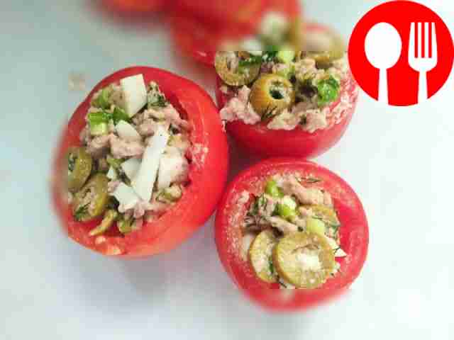 Mediterranean salad with olives and cod liver