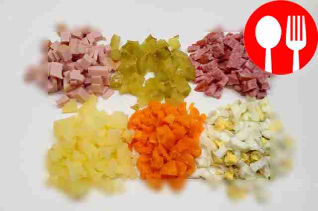 Cut potatoes, carrots, cucumbers and eggs into...