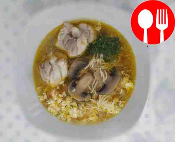 Mushroom soup with chicken fillet and egg