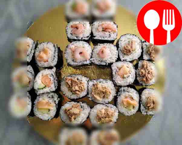 Homemade rolls with salmon, shrimp and tuna
