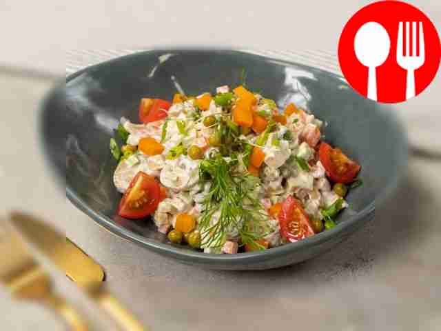 Lenten Olivier with avocado and pickled mushrooms