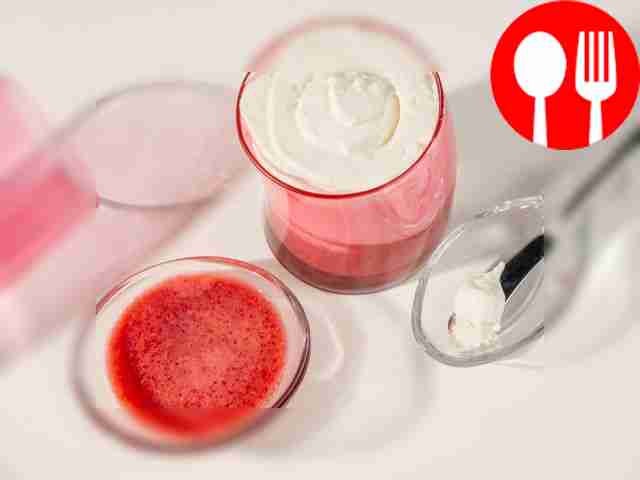 Form the dessert. Place the berry puree at the...