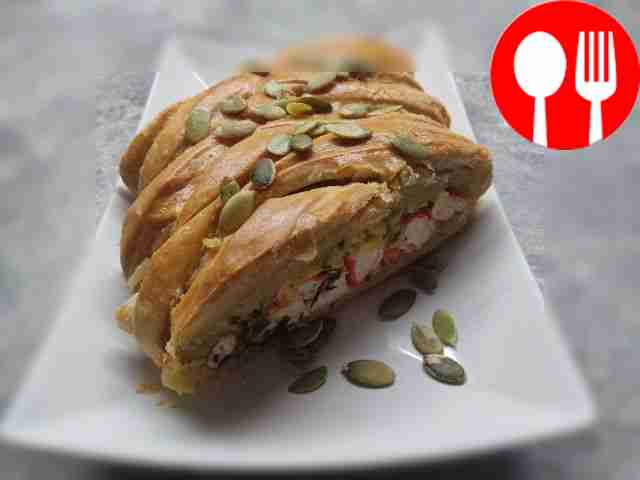 Pie with crab sticks and cheese