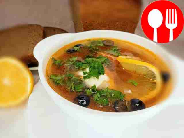 Popular soup with smoked meats and cucumbers