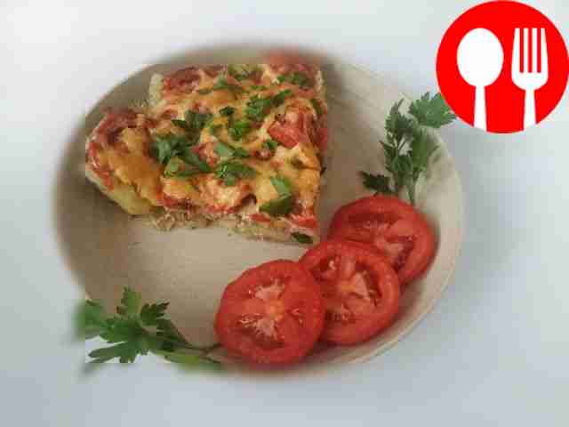 Potato casserole with minced meat, cheese and tomatoes