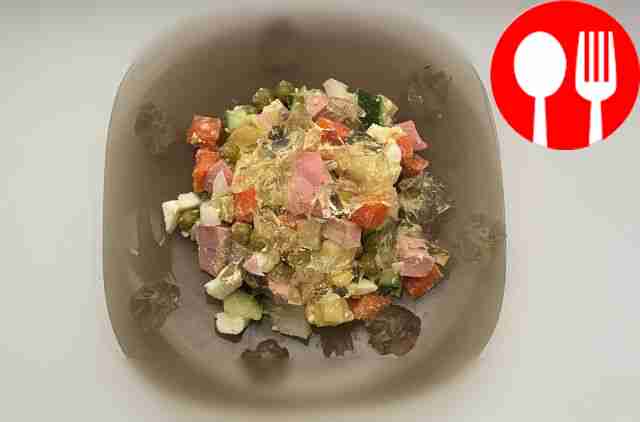 Festive salad "Olivier" with champagne jelly