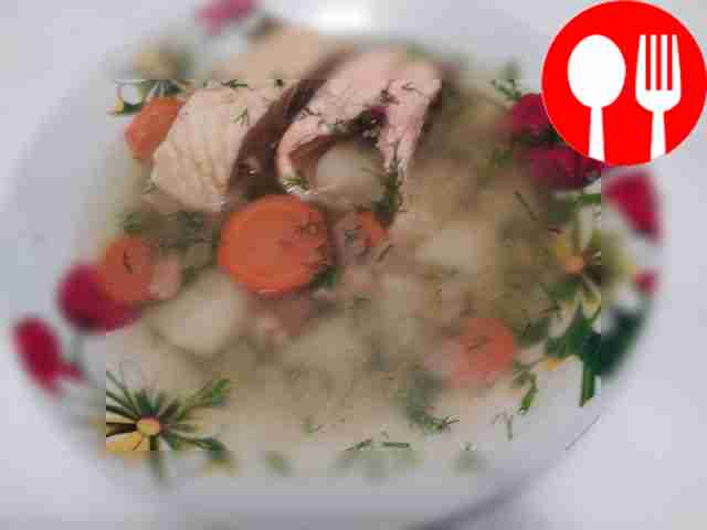 Rich sturgeon and trout soup with millet