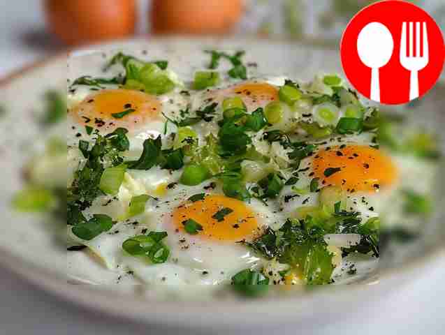 Spring fried eggs with green onions