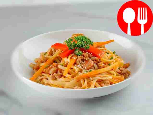 Sweet pork with udon noodles