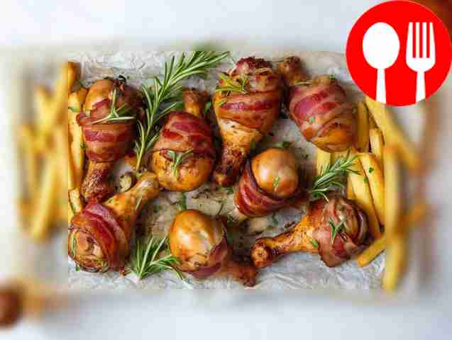 Delicious chicken drumsticks wrapped in bacon and rosemary