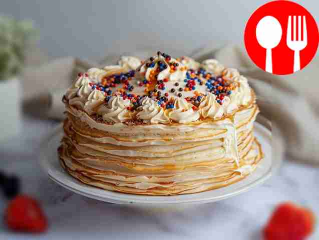 Delicate pancake cake with sour cream