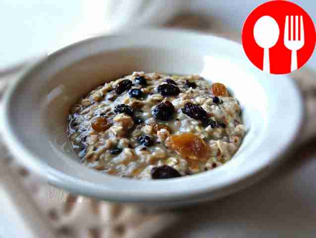 Nutritious oatmeal with milk and dried fruits