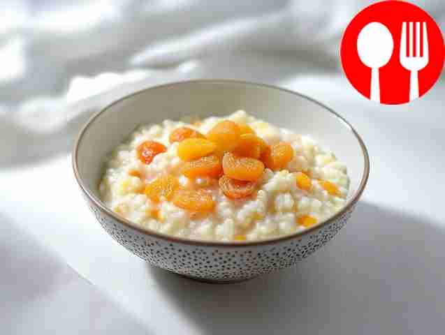 Healthy rice porridge with dried apricots and milk