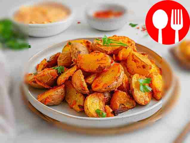 Rosy fried potatoes in skins in a frying pan