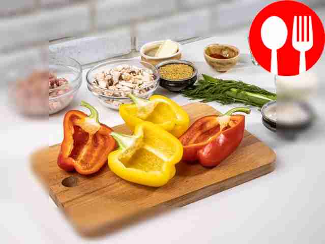 Cut the bell peppers in half and remove the...