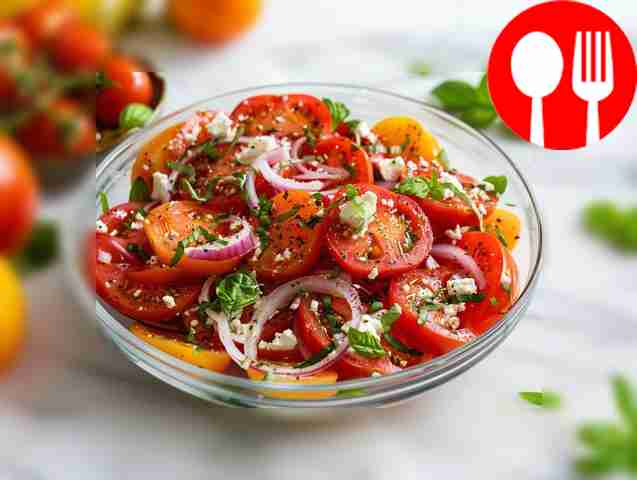 Диетический салат с помидорами, творогом и базиликом