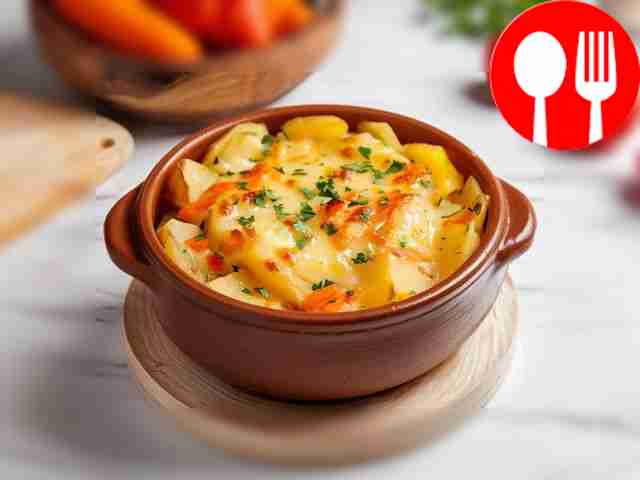 Tender potatoes with vegetables, squash and meat