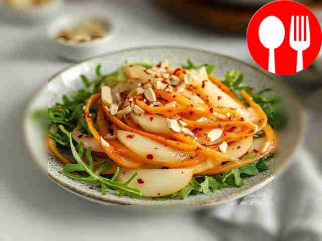 Appetizing salad with pear and arugula